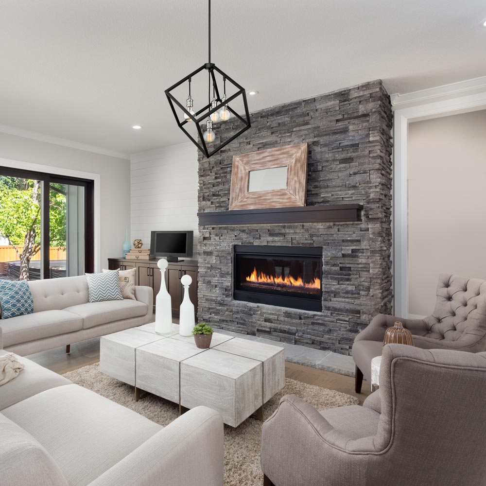 Vertical Cube Chandelier in living room.