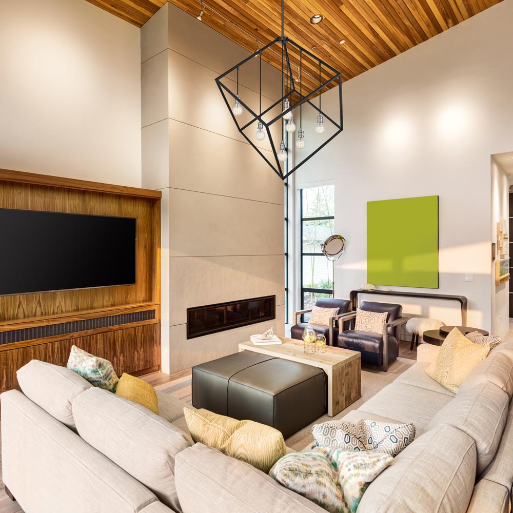Vertical Cube Chandelier in living room.