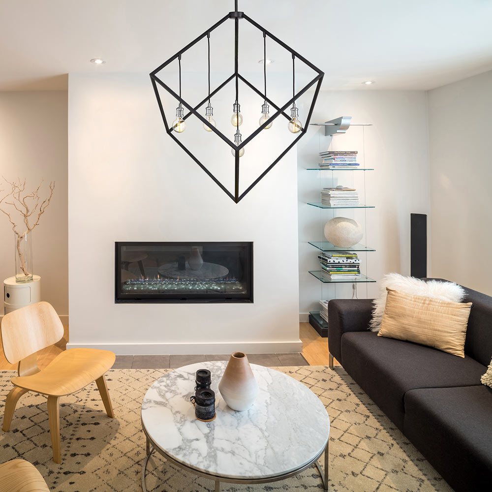 Vertical Cube Chandelier in living room.