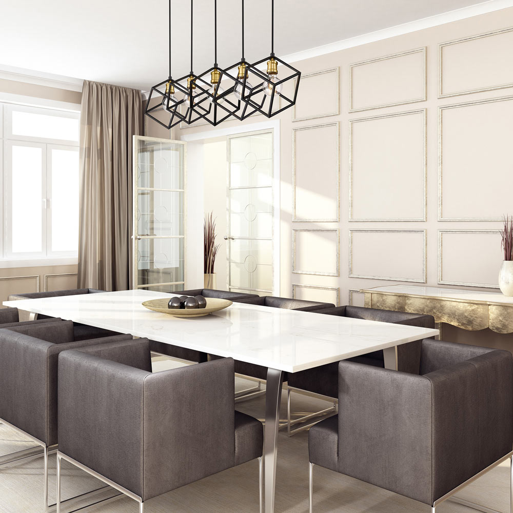Vertical Linear Chandelier in dining room.