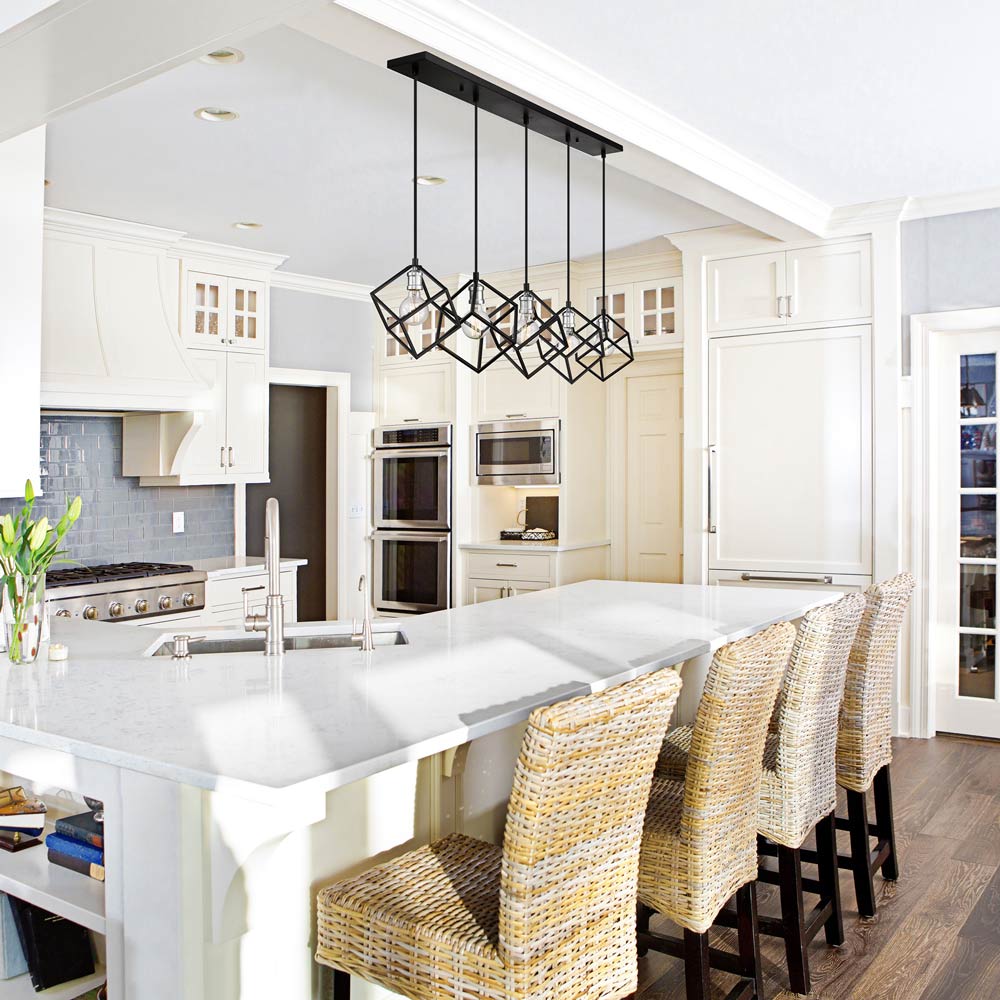 Vertical Linear Chandelier in dining room.