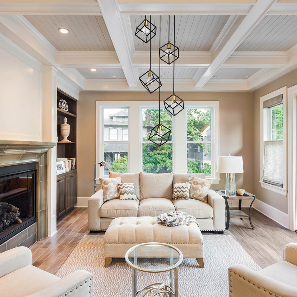 Vertical Multi Light Chandelier in living room.