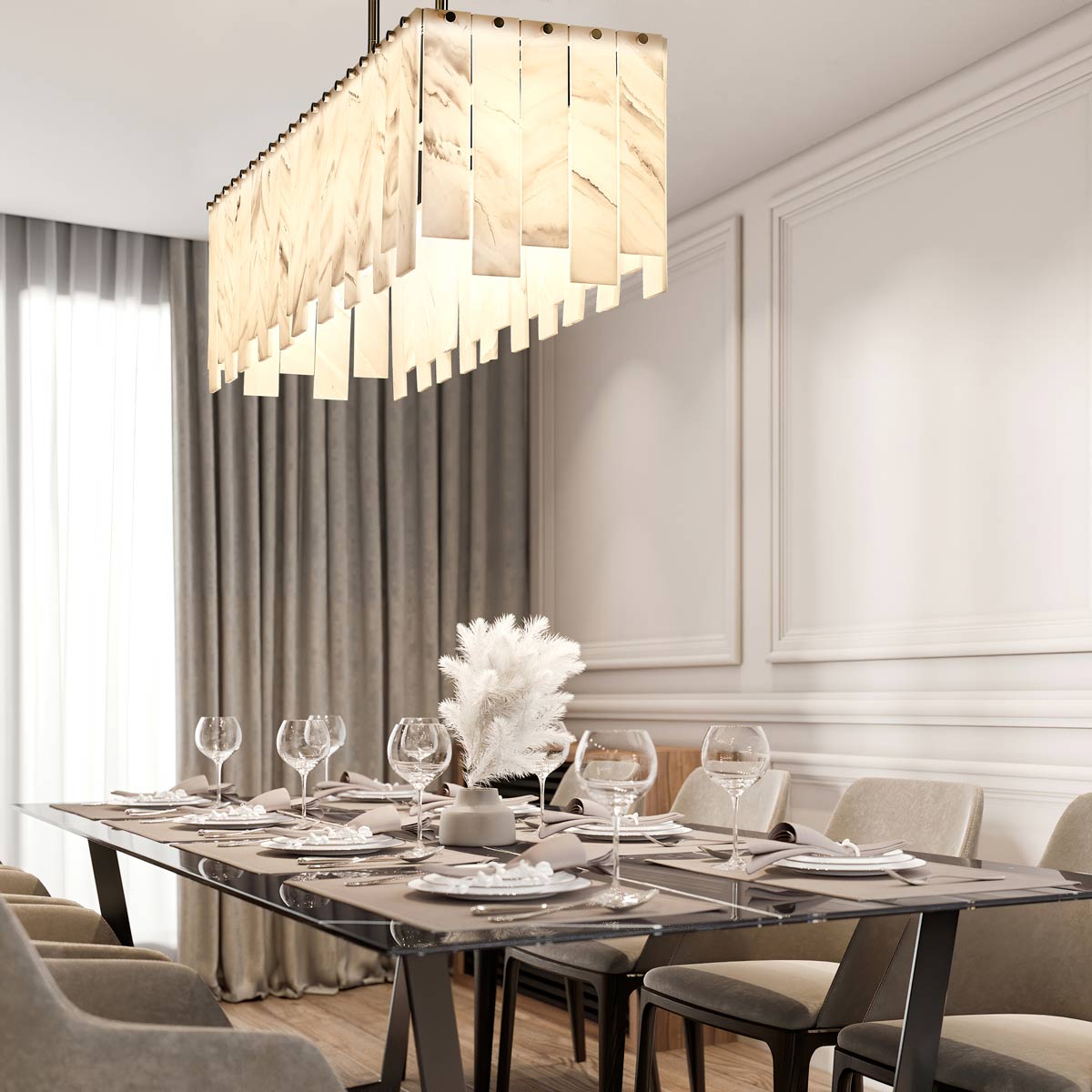 Viviana Linear Chandelier in dining room.