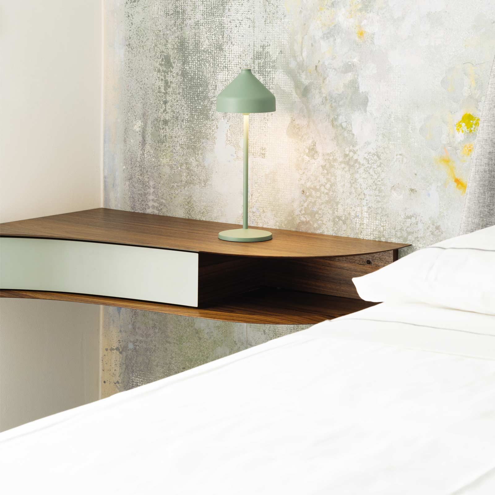 Amelie Pro Outdoor Rechargeable LED Table Lamp in bedroom.