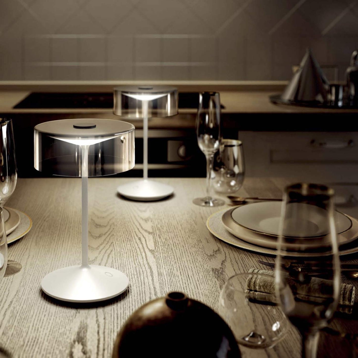 Crystal Outdoor Rechargeable LED Table Lamp in dining room.