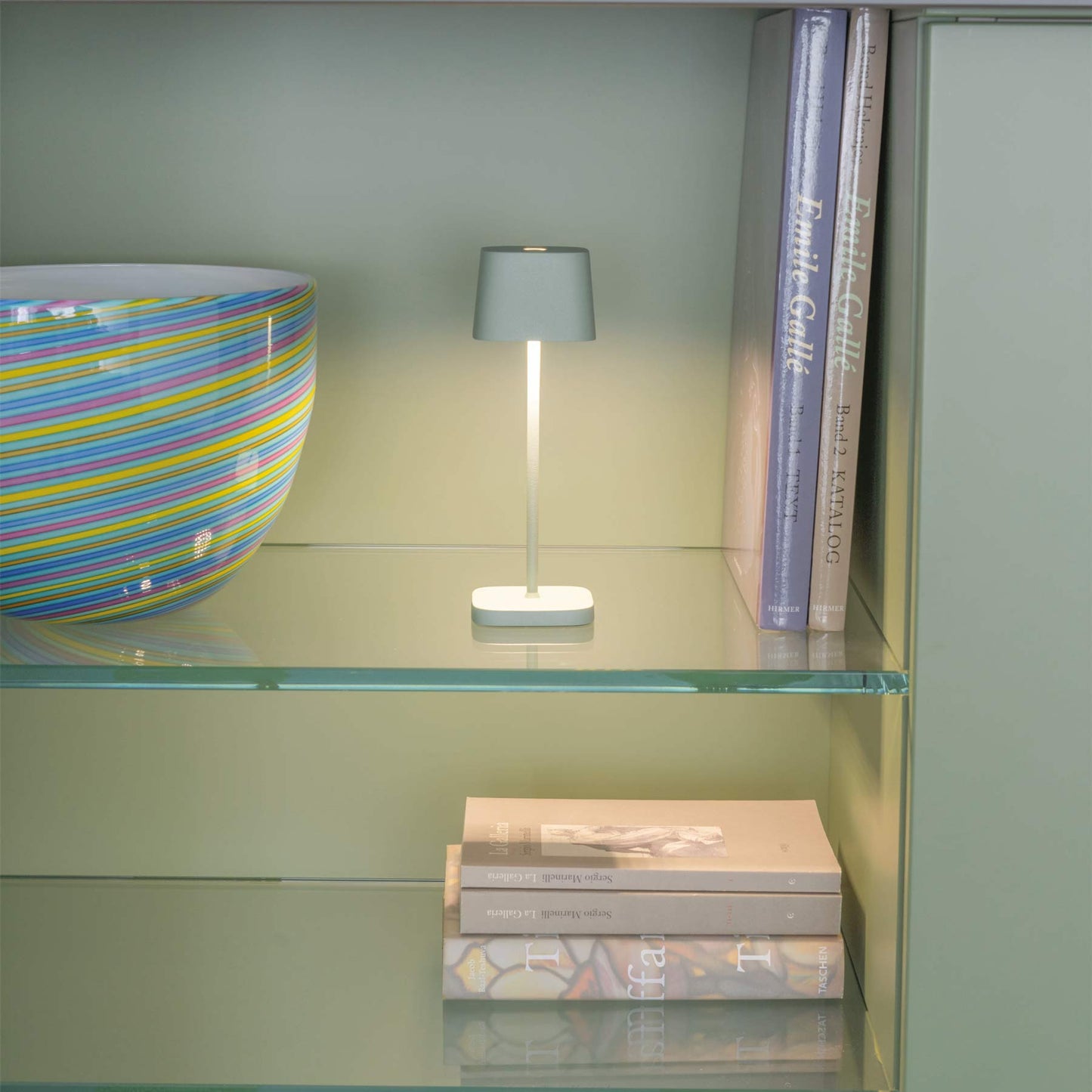 Ofelia Pro Micro Outdoor Rechargeable LED Table Lamp in living room.