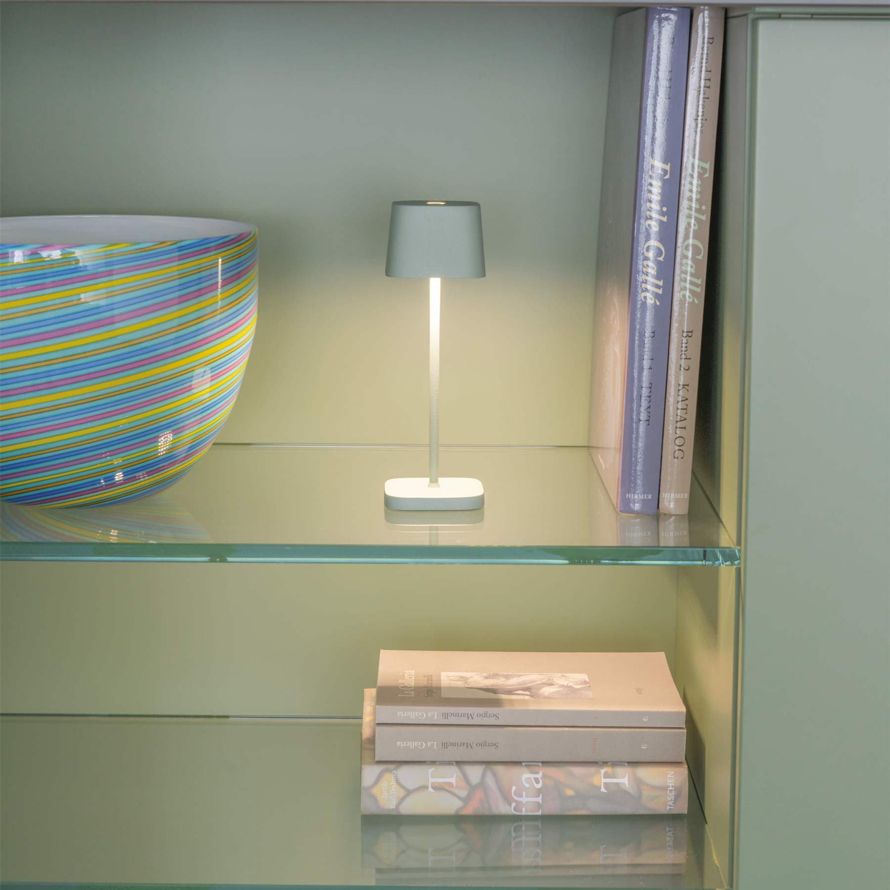 Ofelia Pro Micro Outdoor Rechargeable LED Table Lamp in living room.