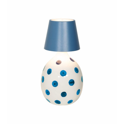 Poldina Pro Lido Bottle Outdoor Rechargeable LED Table Lamp in Avio Blue/Light Blue Dots.