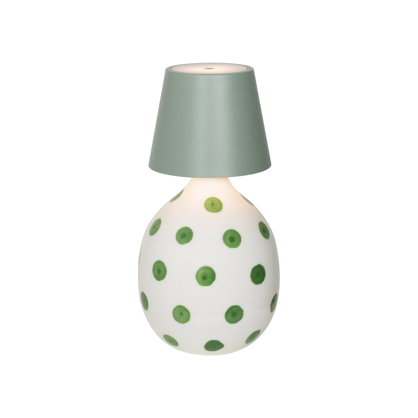 Poldina Pro Lido Bottle Outdoor Rechargeable LED Table Lamp in Sage/Green Dots.