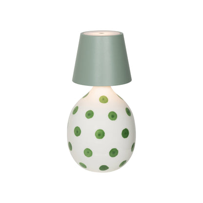 Poldina Pro Lido Bottle Outdoor Rechargeable LED Table Lamp in Sage/Green Dots.