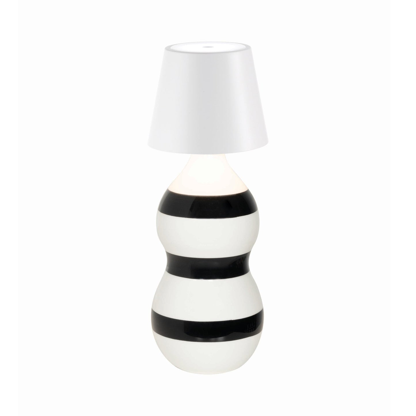 Poldina Pro Lido Bottle Outdoor Rechargeable LED Table Lamp in White/Black Bands.
