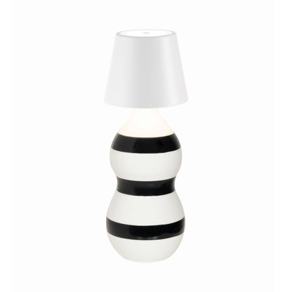 Poldina Pro Lido Bottle Outdoor Rechargeable LED Table Lamp in White/Black Bands.