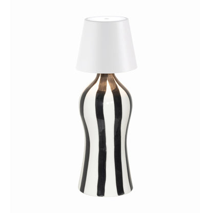 Poldina Pro Lido Bottle Outdoor Rechargeable LED Table Lamp in White/Black Stripes.