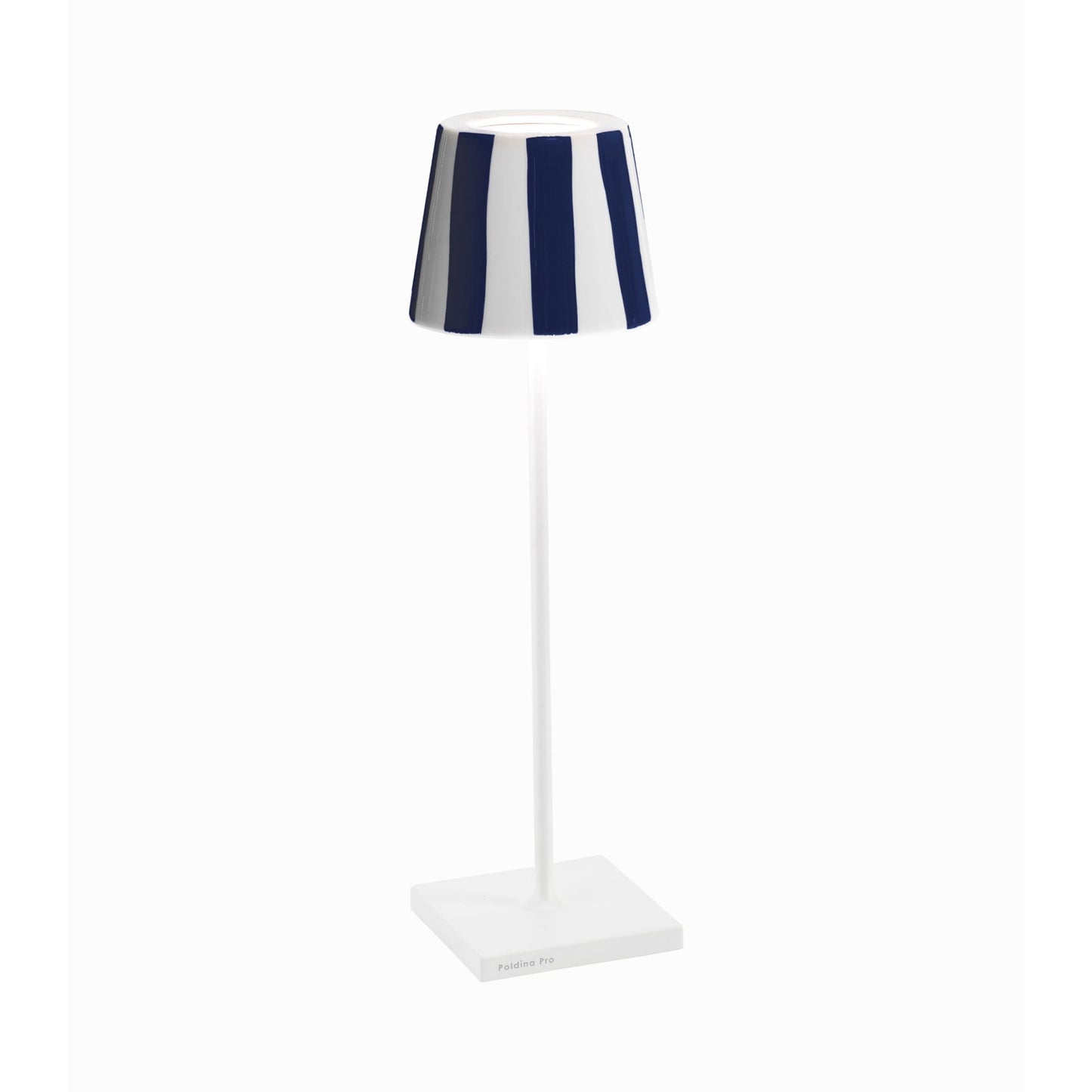 Poldina Pro Lido Outdoor Rechargeable LED Table Lamp in White/Blue Stripes.