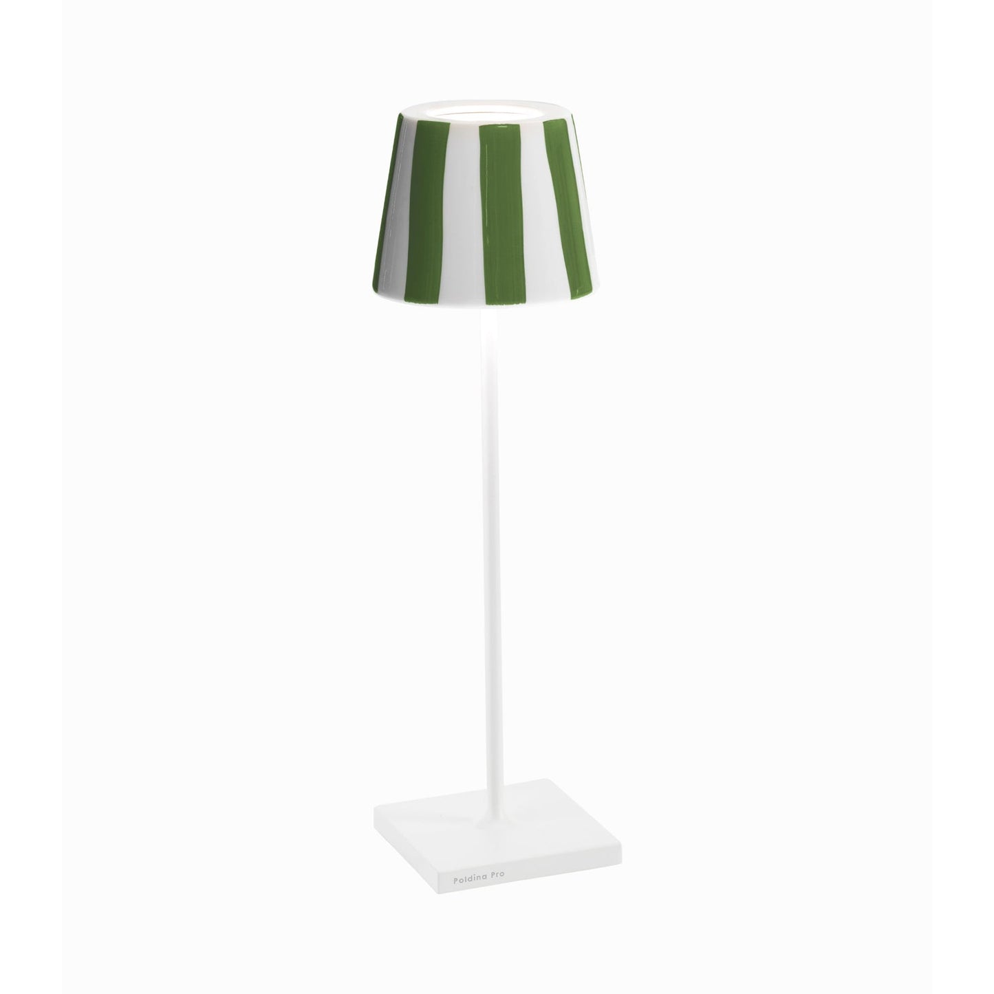 Poldina Pro Lido Outdoor Rechargeable LED Table Lamp in White/Green Stripes.