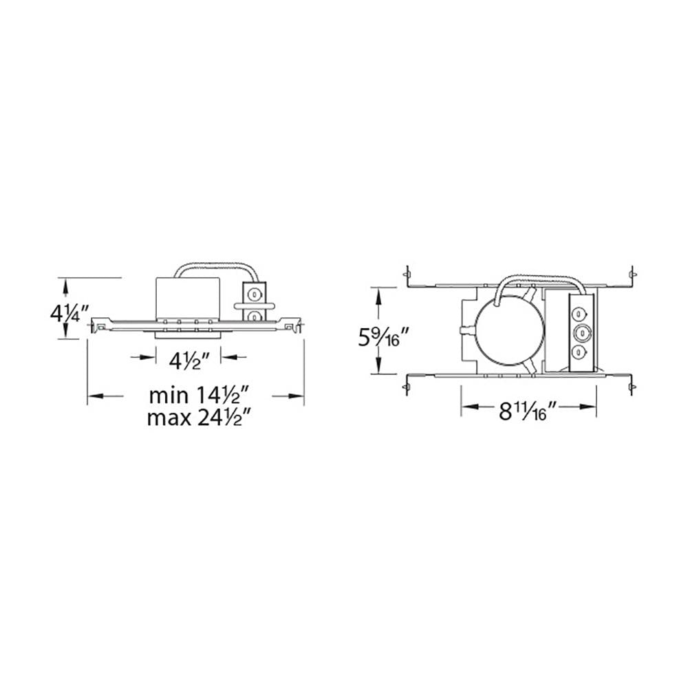 4 Inch Low Voltage New Construction Non-IC LED Recessed Housing - line drawing.