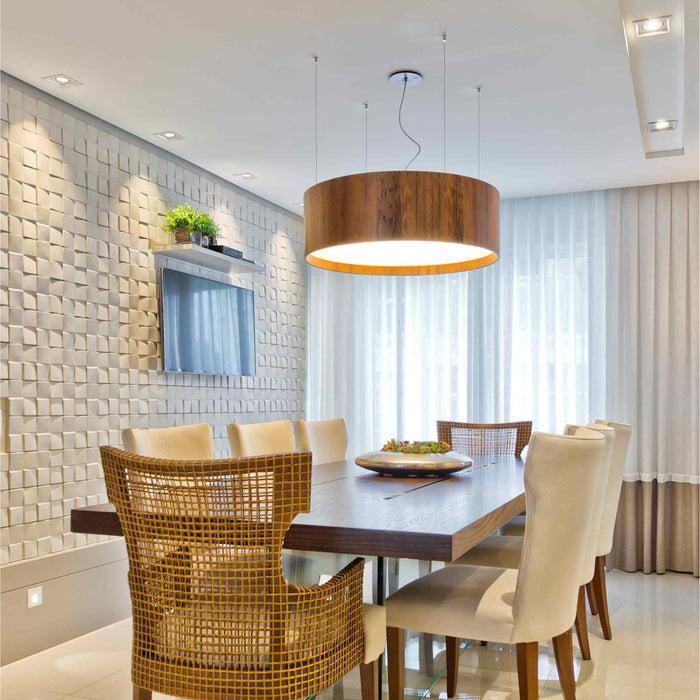 Cylindrical Large LED Pendant Light in dining room.