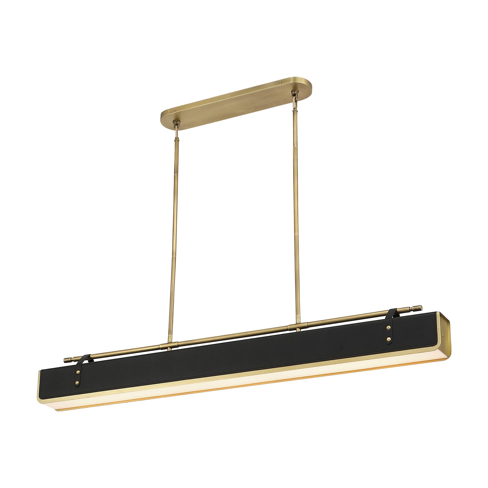 Valise LED Linear Pendant Light in Large/Vintage Brass/Tuxedo Leather.
