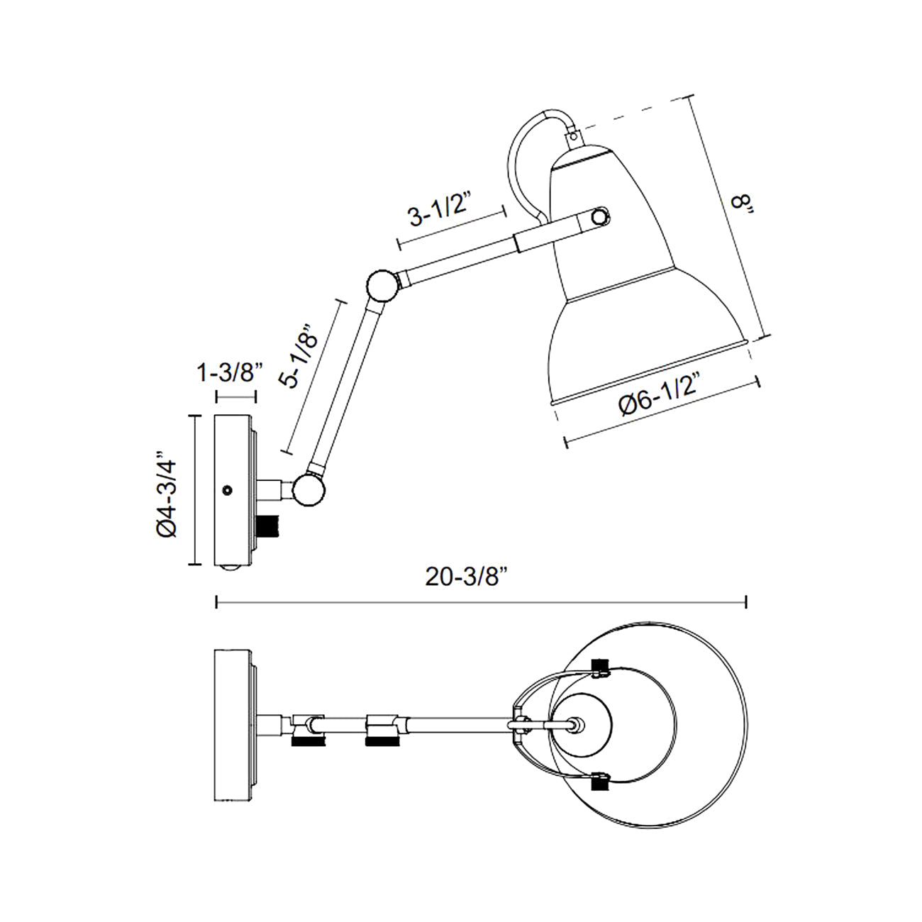 Felix Adjustable Wall Light - line drawing.