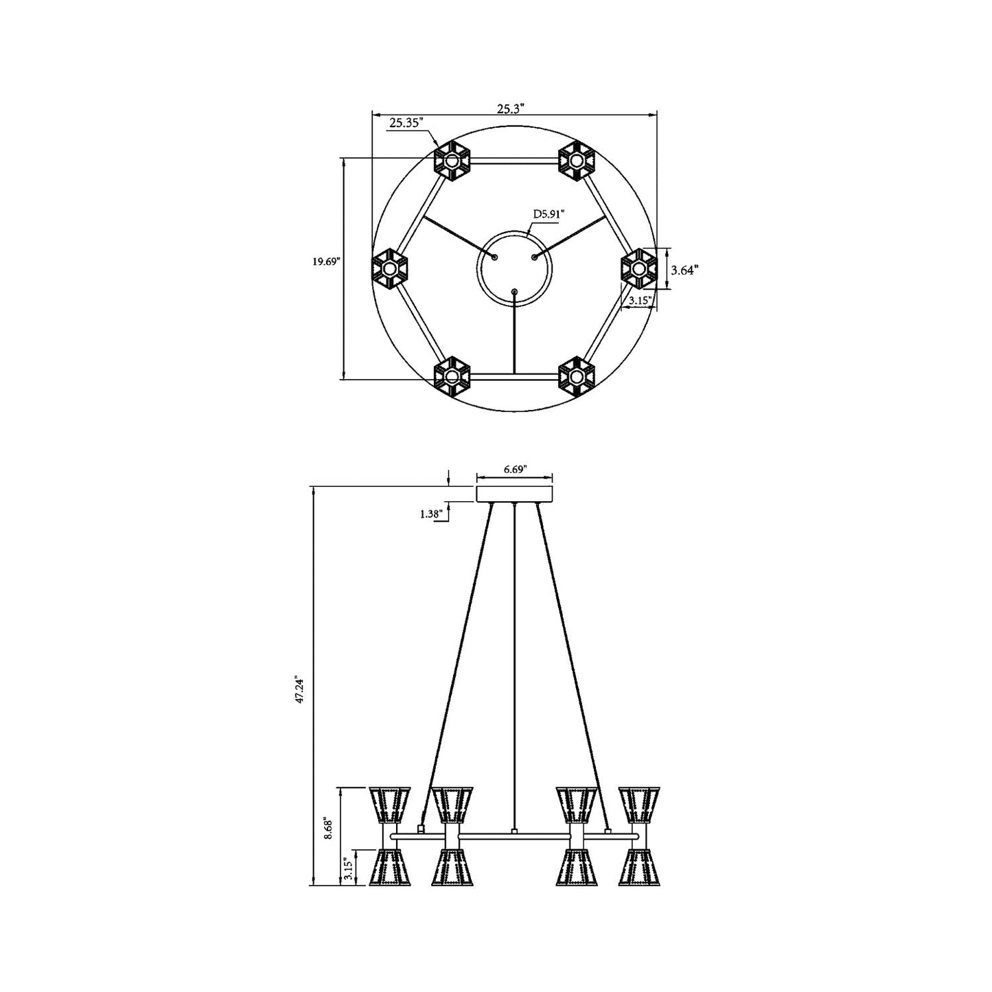 Houston LED Chandelier - line drawing.