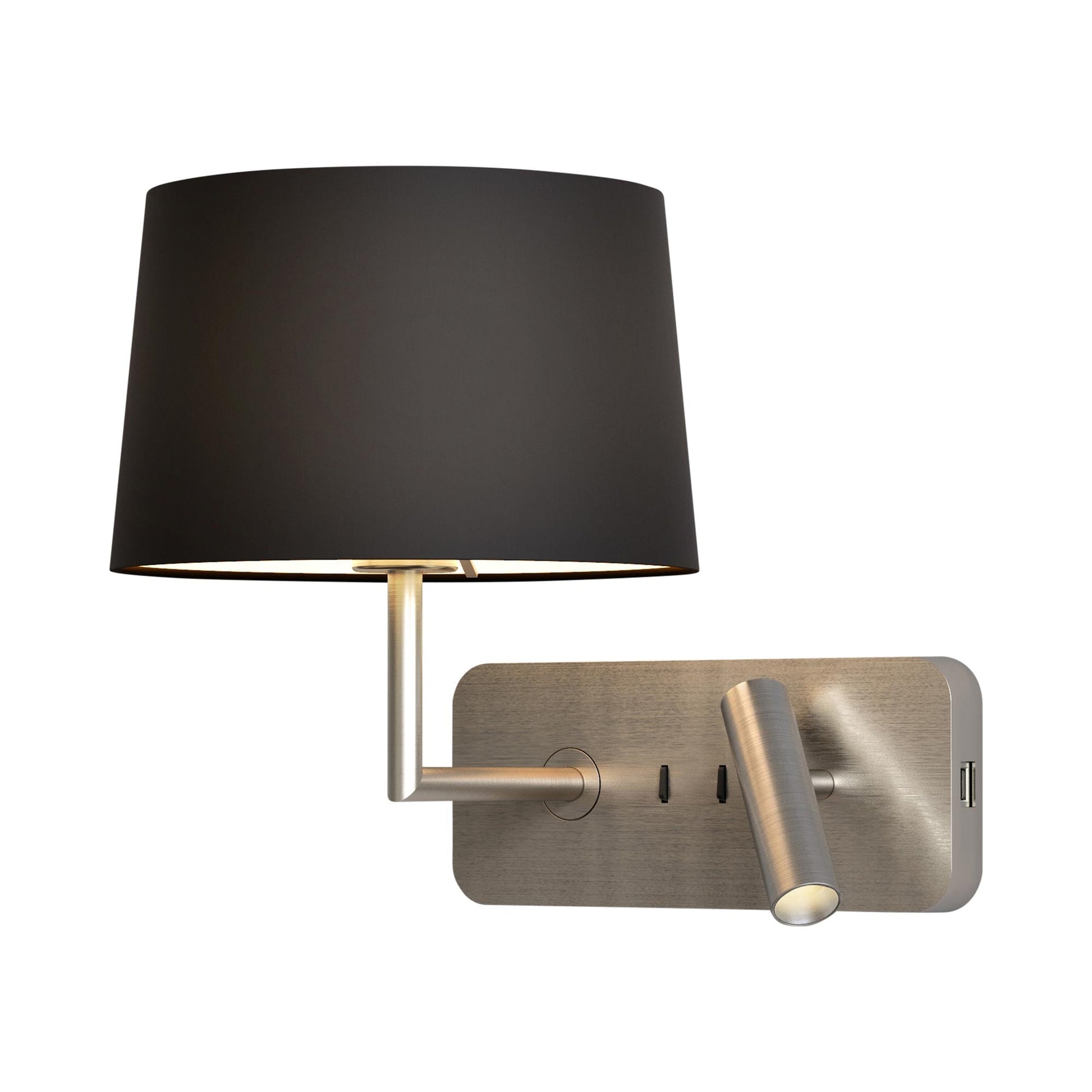 Side by Side Reading Wall Light in Matt Nickel/Black with USB (Tapered Round 250).