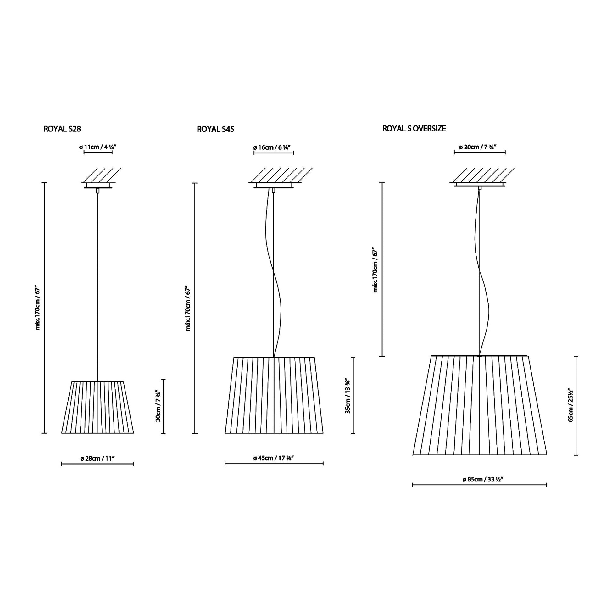 Royal S Pendant Light line-drawing.