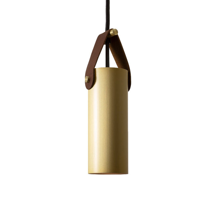 Spero Pendant Light in Brushed Brass/Brown Leather.