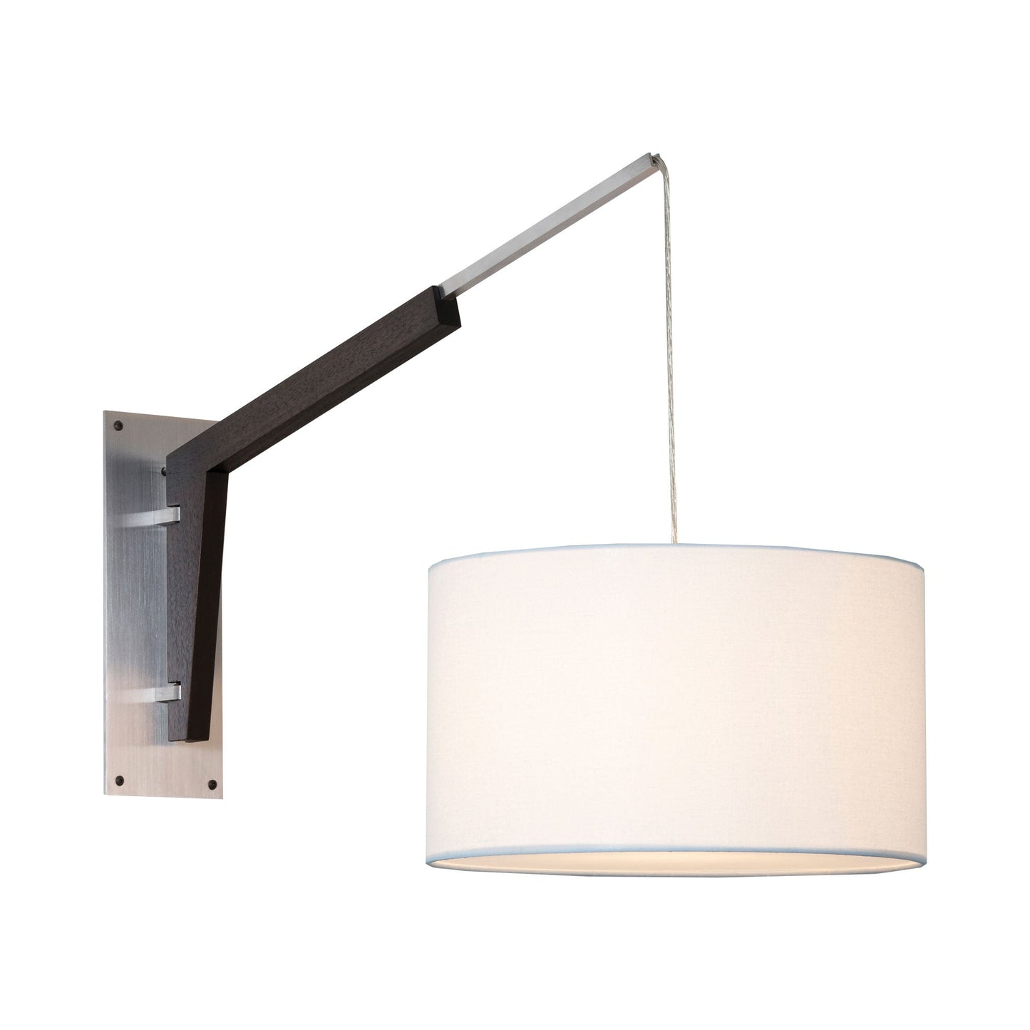 Talea Wall Light in Brushed Aluminum/Dark Stained Walnut/White Linen.