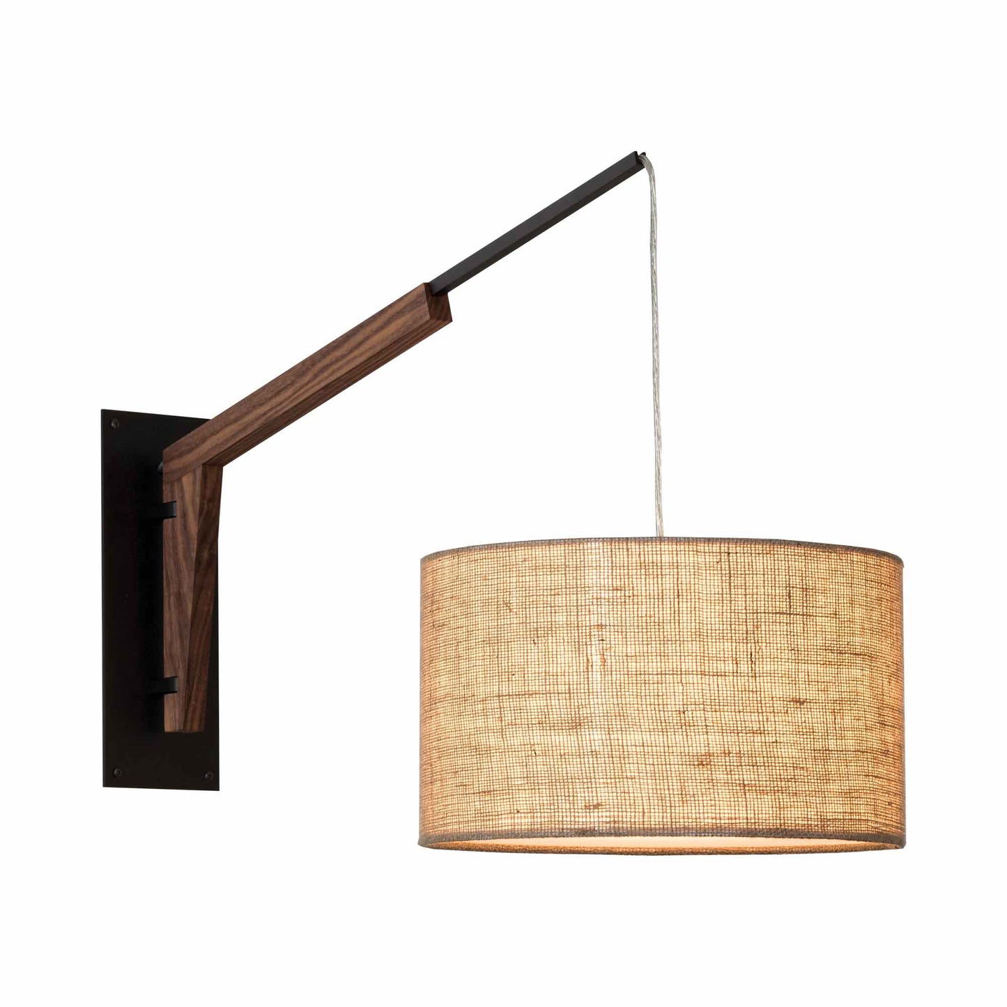 Talea Wall Light in Textured Black Powdercoat/Walnut/Burlap.