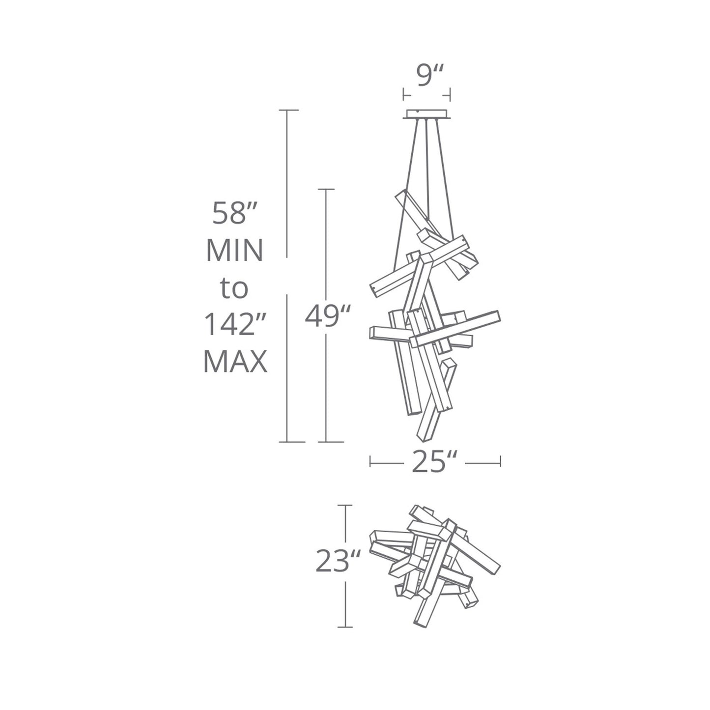 Chaos Vertical LED Chandelier - line drawing.