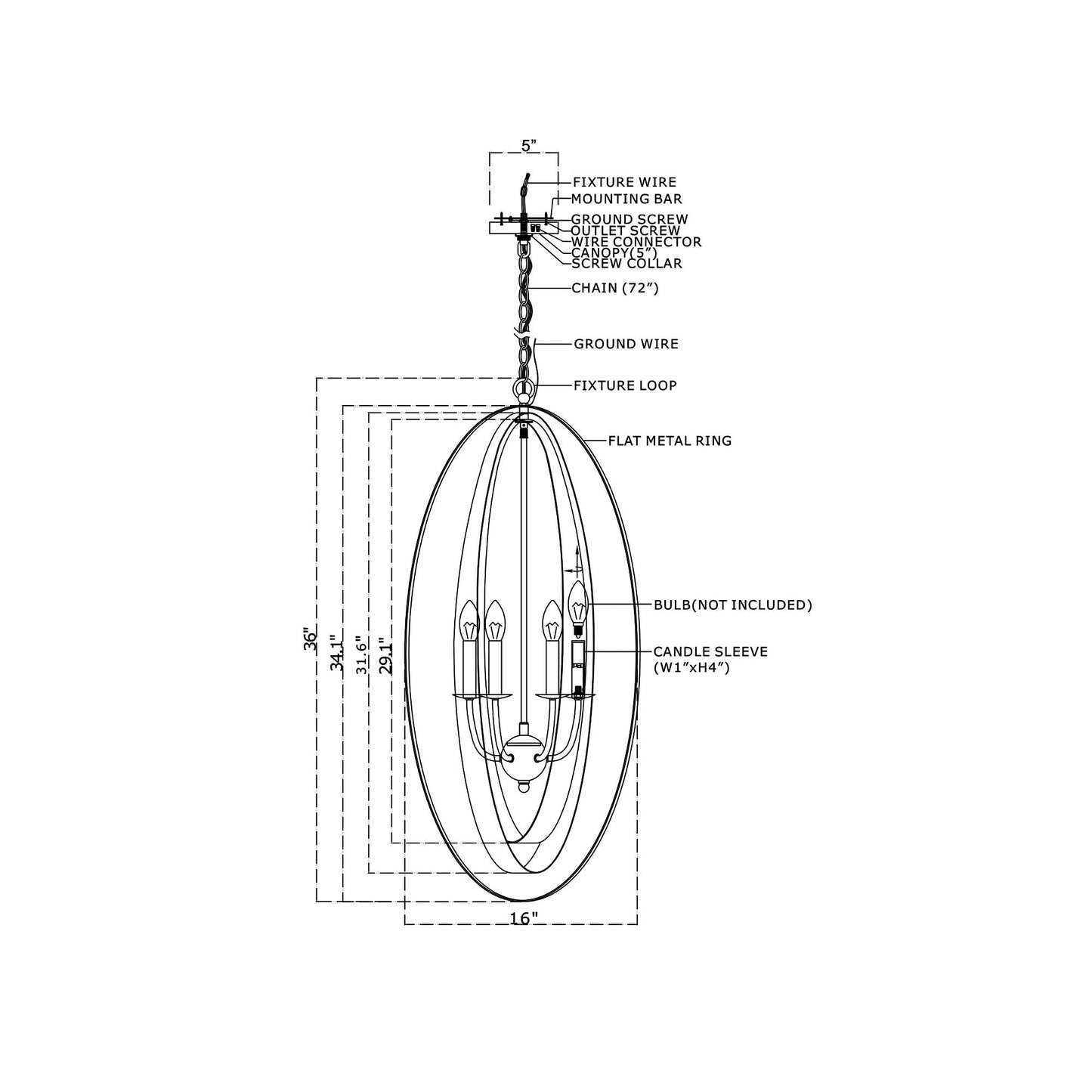 Luna Vertical Pendant Light - line drawing.