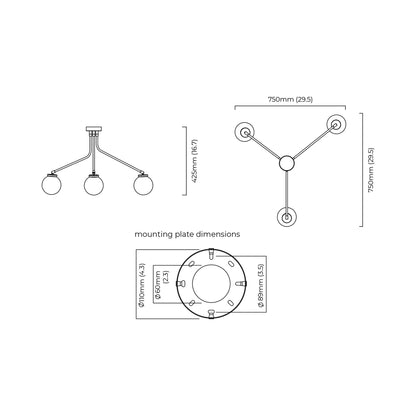 Array Mini Opal Semi Flush Mount Ceiling Light - line drawing.