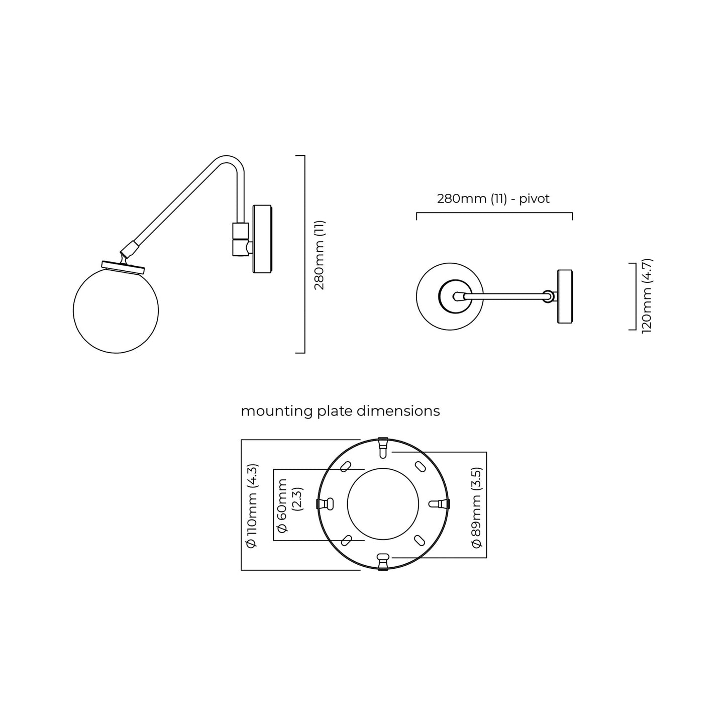 Array Opal Wall Light - line drawing.