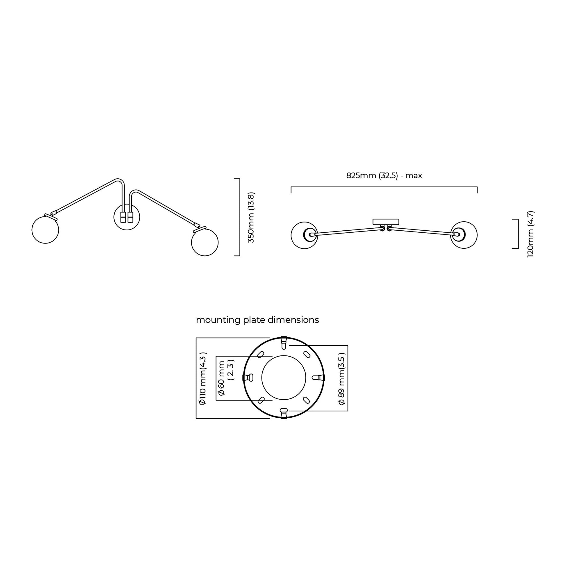 Array Twin Opal Wall Light - line drawing.