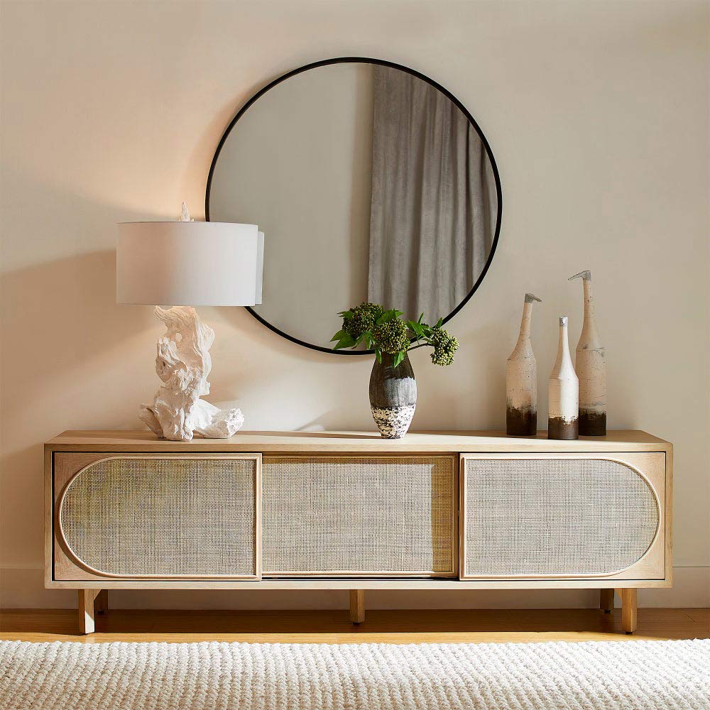 Driftwood Table Lamp with Linen Shade in living room.