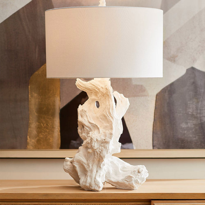 Driftwood Table Lamp with Linen Shade in Detail.