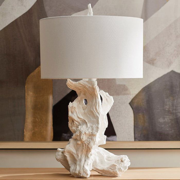 Driftwood Table Lamp with Linen Shade in Detail.