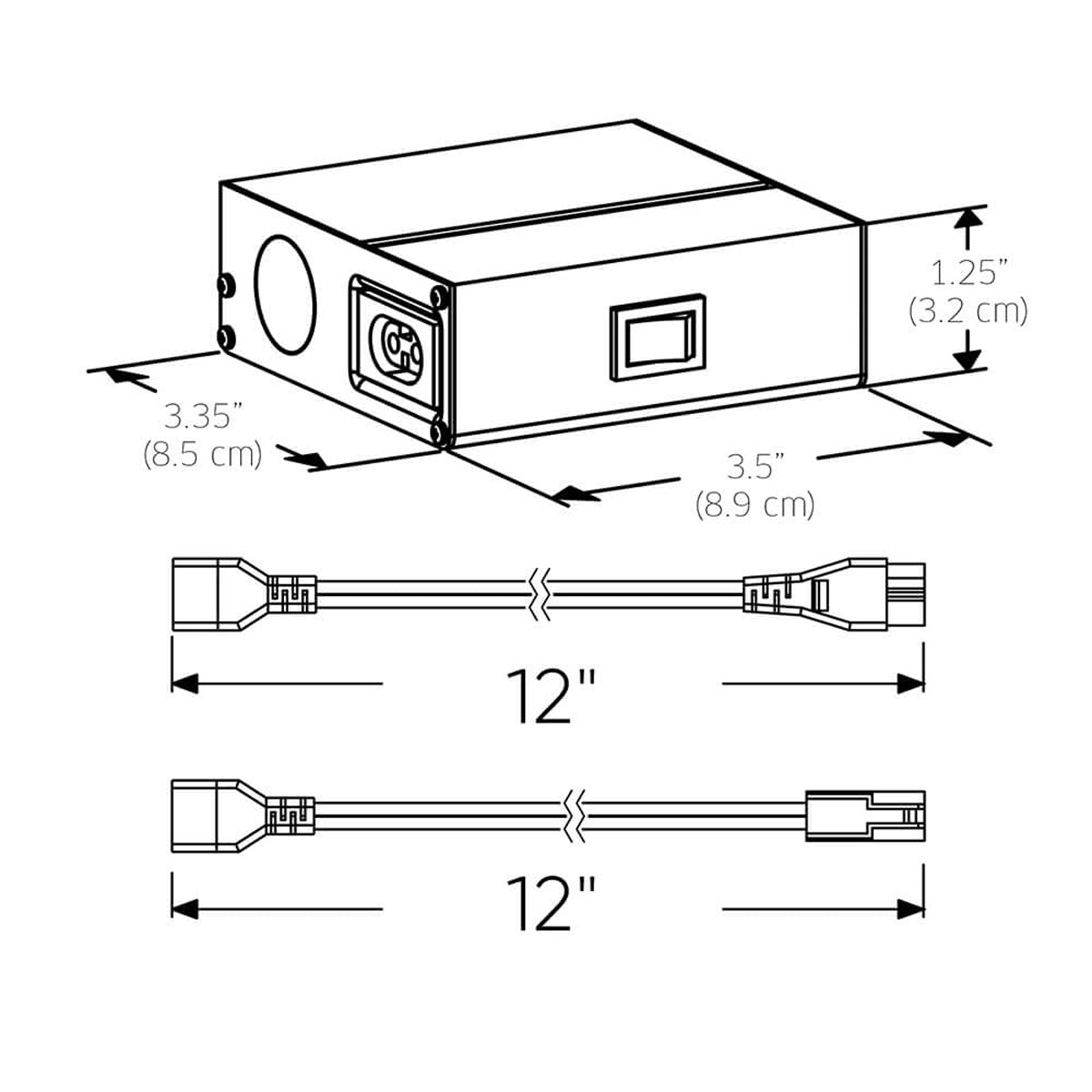 Junction Box For 120V Powerled Linear Undercabinet Lighting and Puck Light in Detail - line drawing.