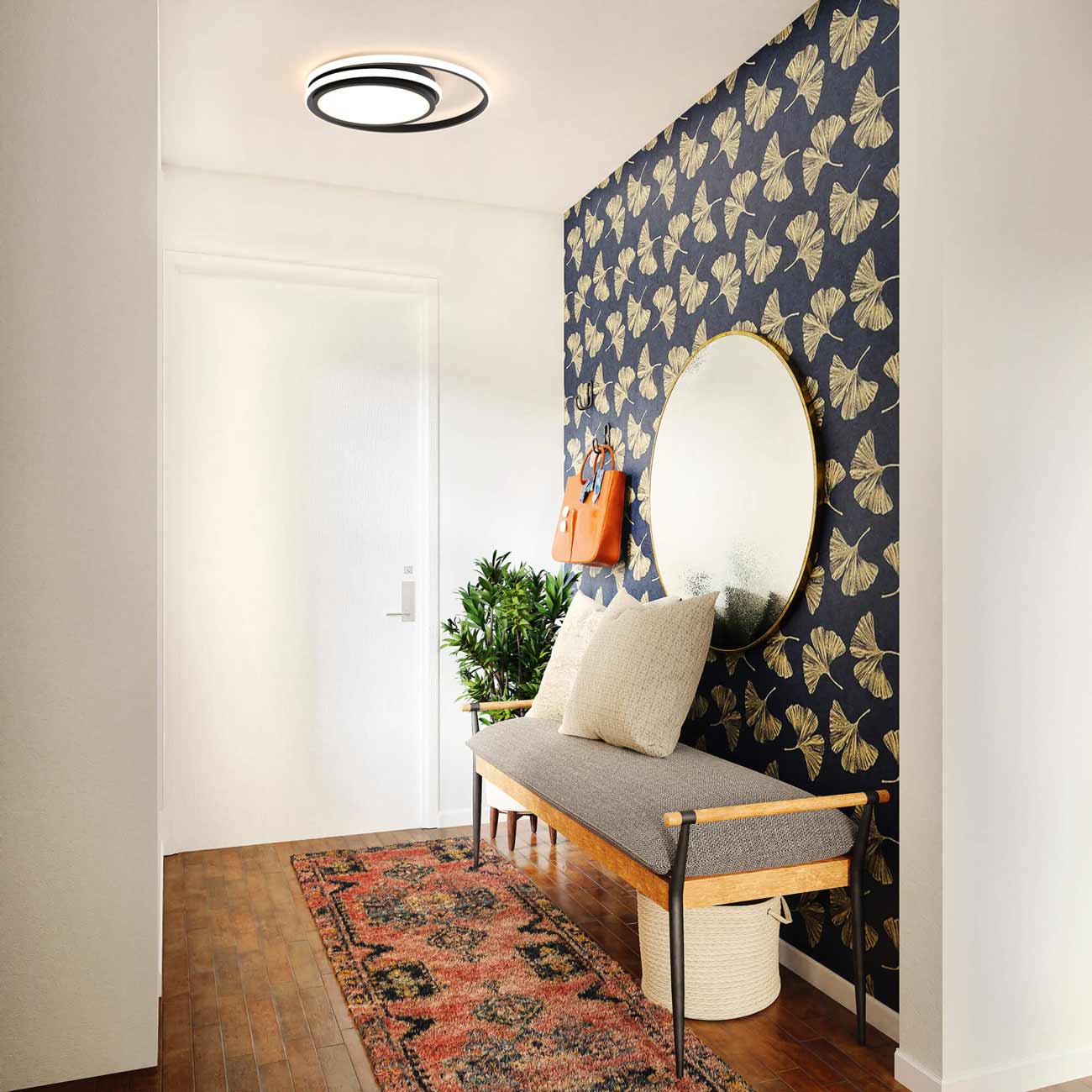 Newton LED Flush Mount Ceiling Light in hallway.