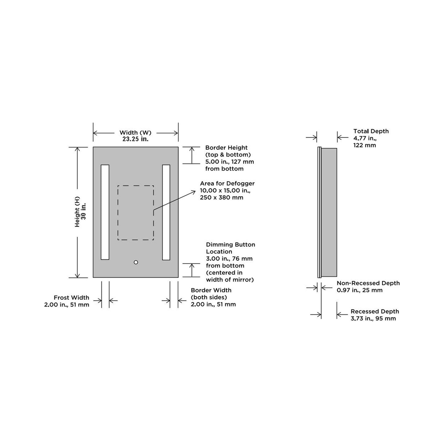 Ascension LED Mirrored Cabinet - line drawing.