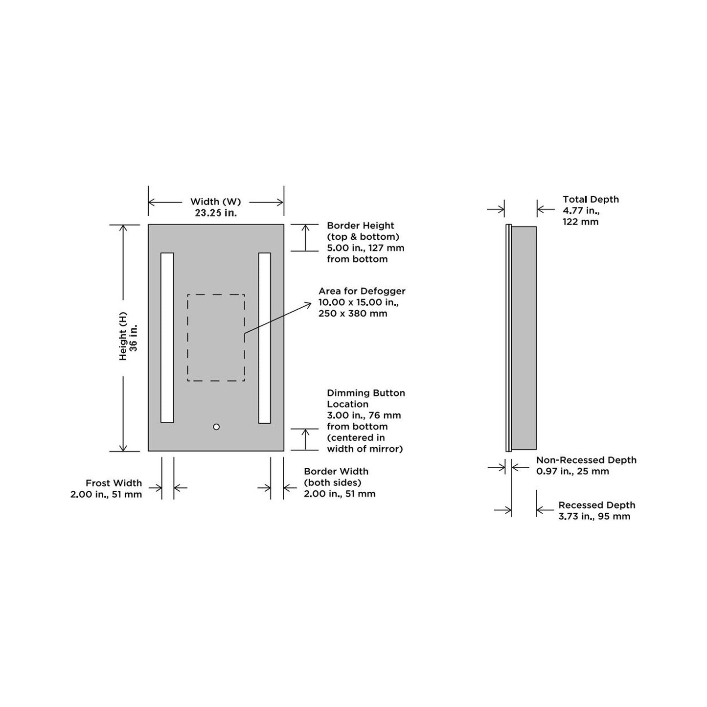 Ascension LED Mirrored Cabinet - line drawing.