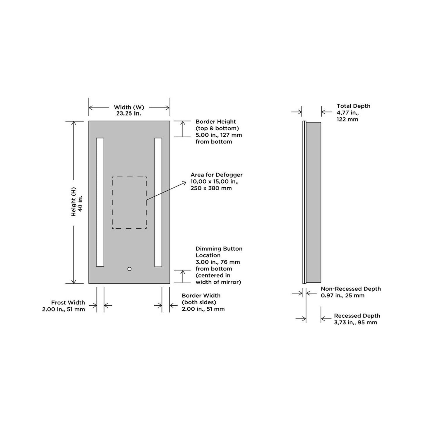 Ascension LED Mirrored Cabinet - line drawing.