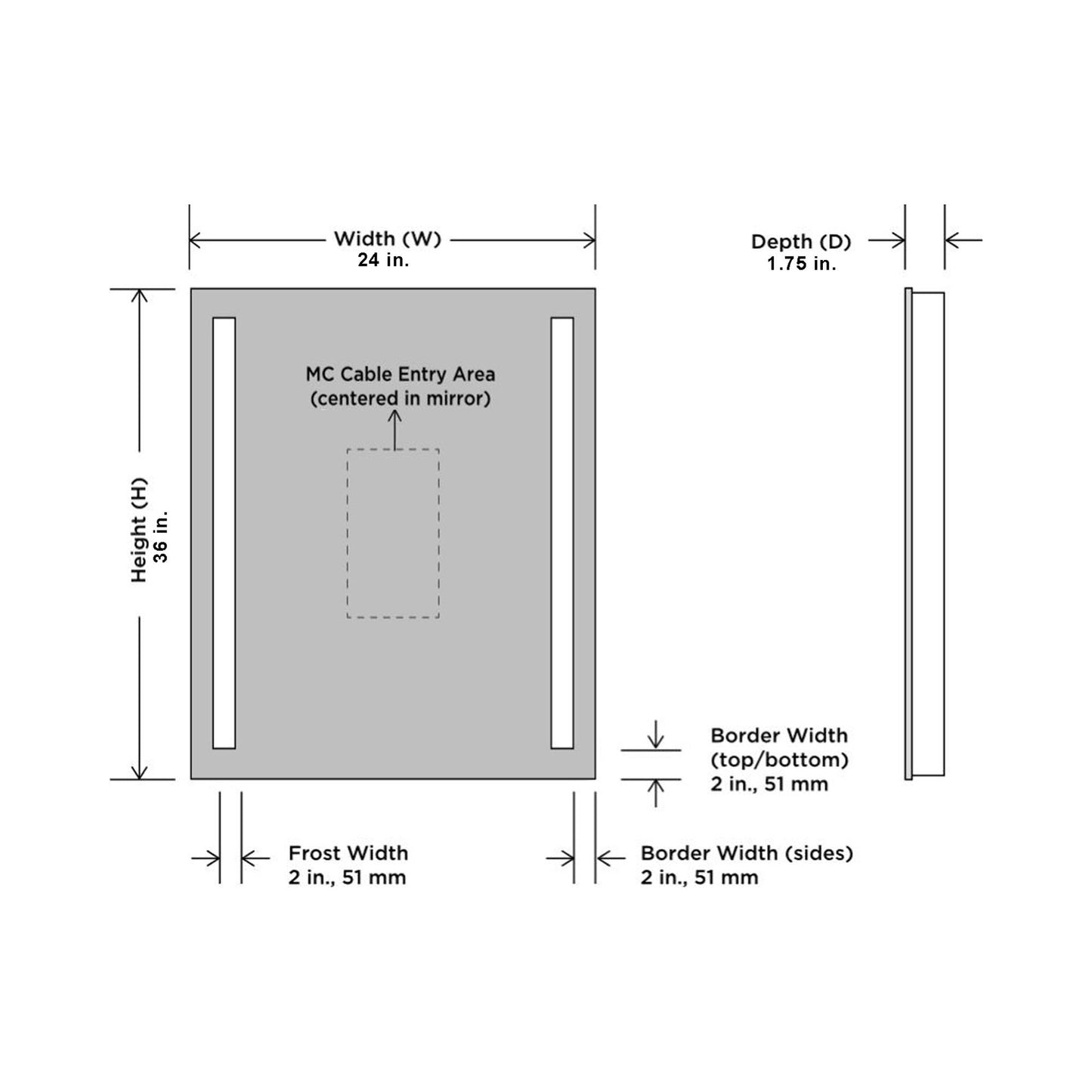 Fusion LED Lighted Mirror - line drawing.