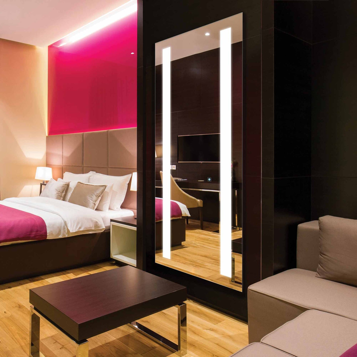 Fusion LED Wardrobe Mirror in bedroom.