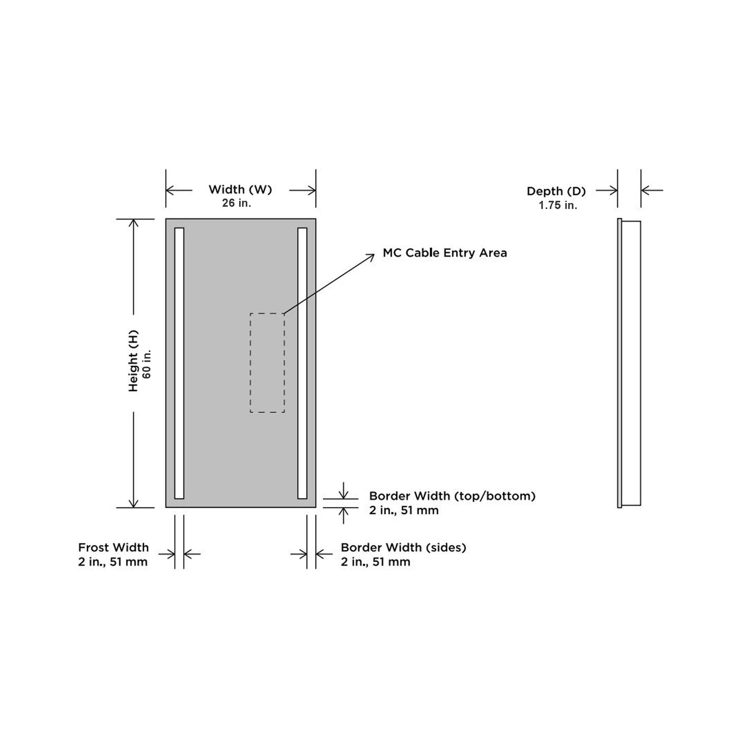 Fusion LED Wardrobe Mirror - line drawing.