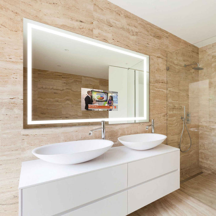 Integrity LED Lighted Mirror TV in bathroom.
