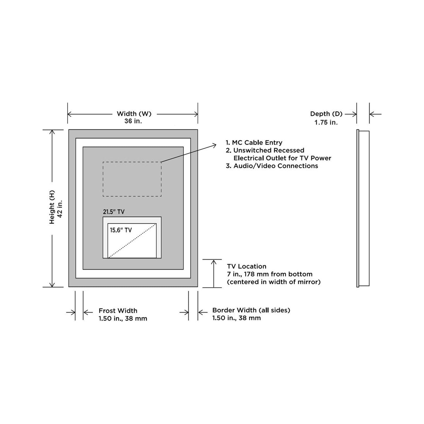 Integrity LED Lighted Mirror TV - line drawing.