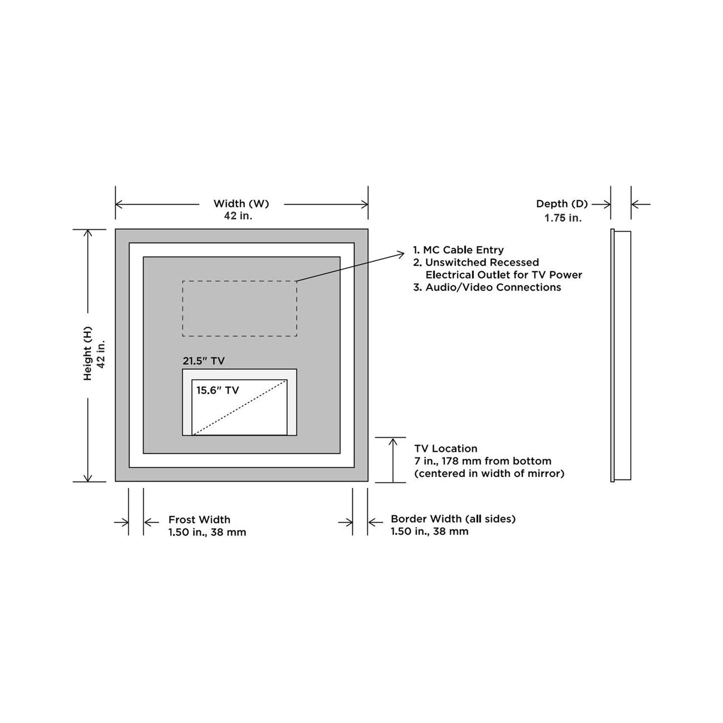 Integrity LED Lighted Mirror TV - line drawing.