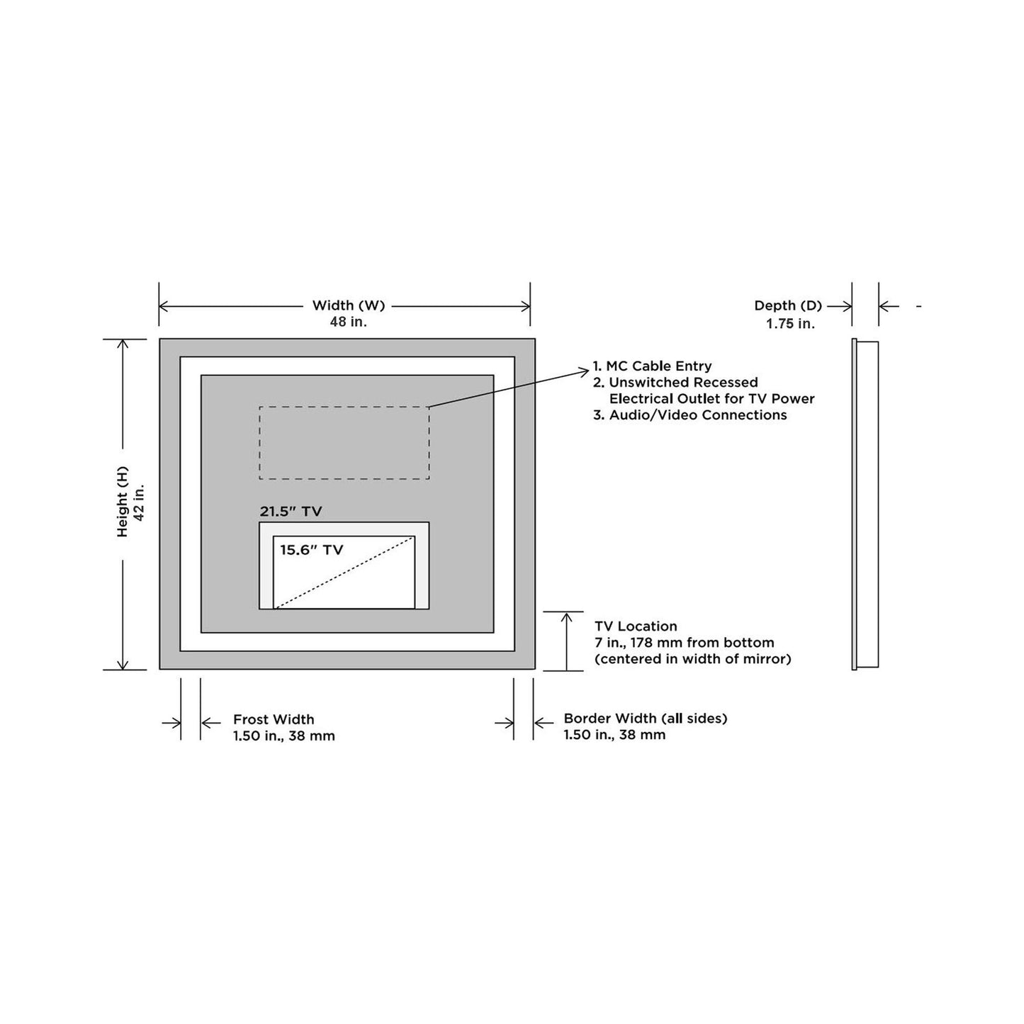 Integrity LED Lighted Mirror TV - line drawing.