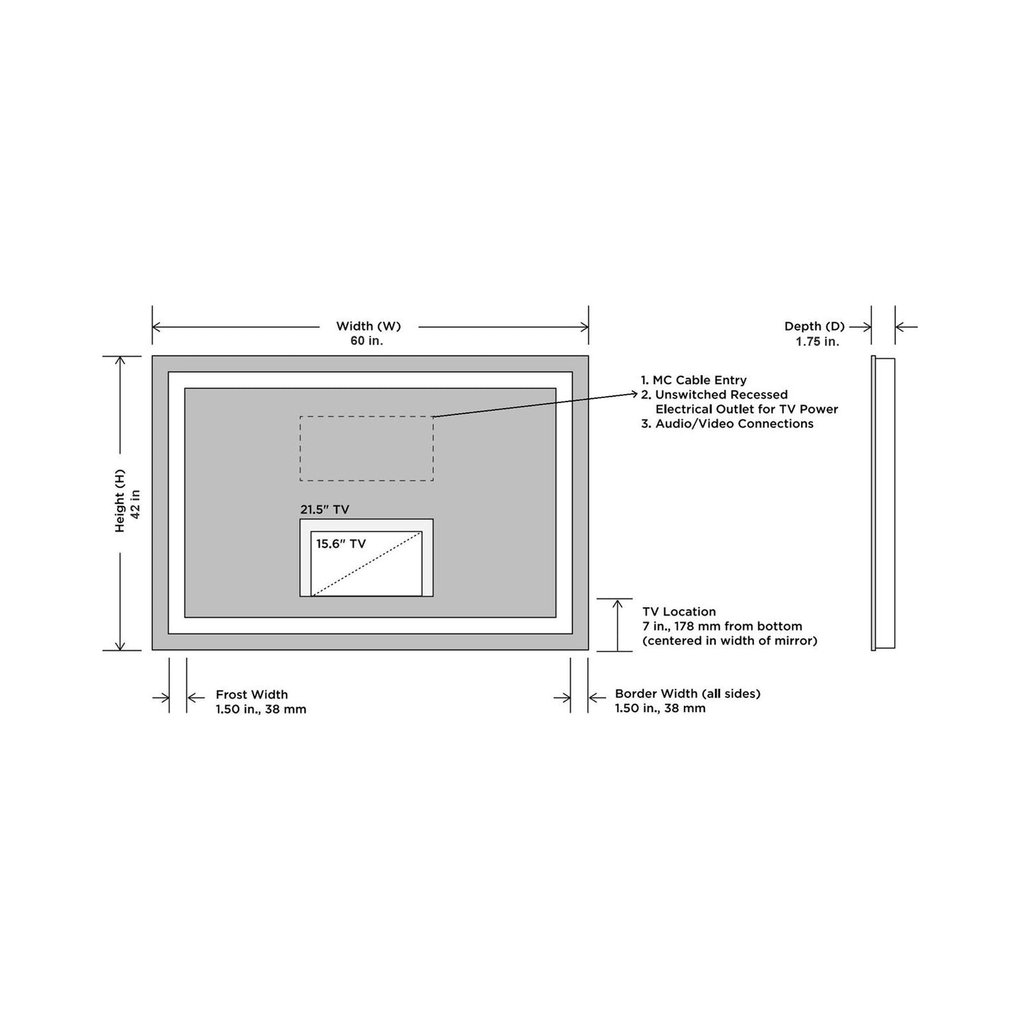 Integrity LED Lighted Mirror TV - line drawing.